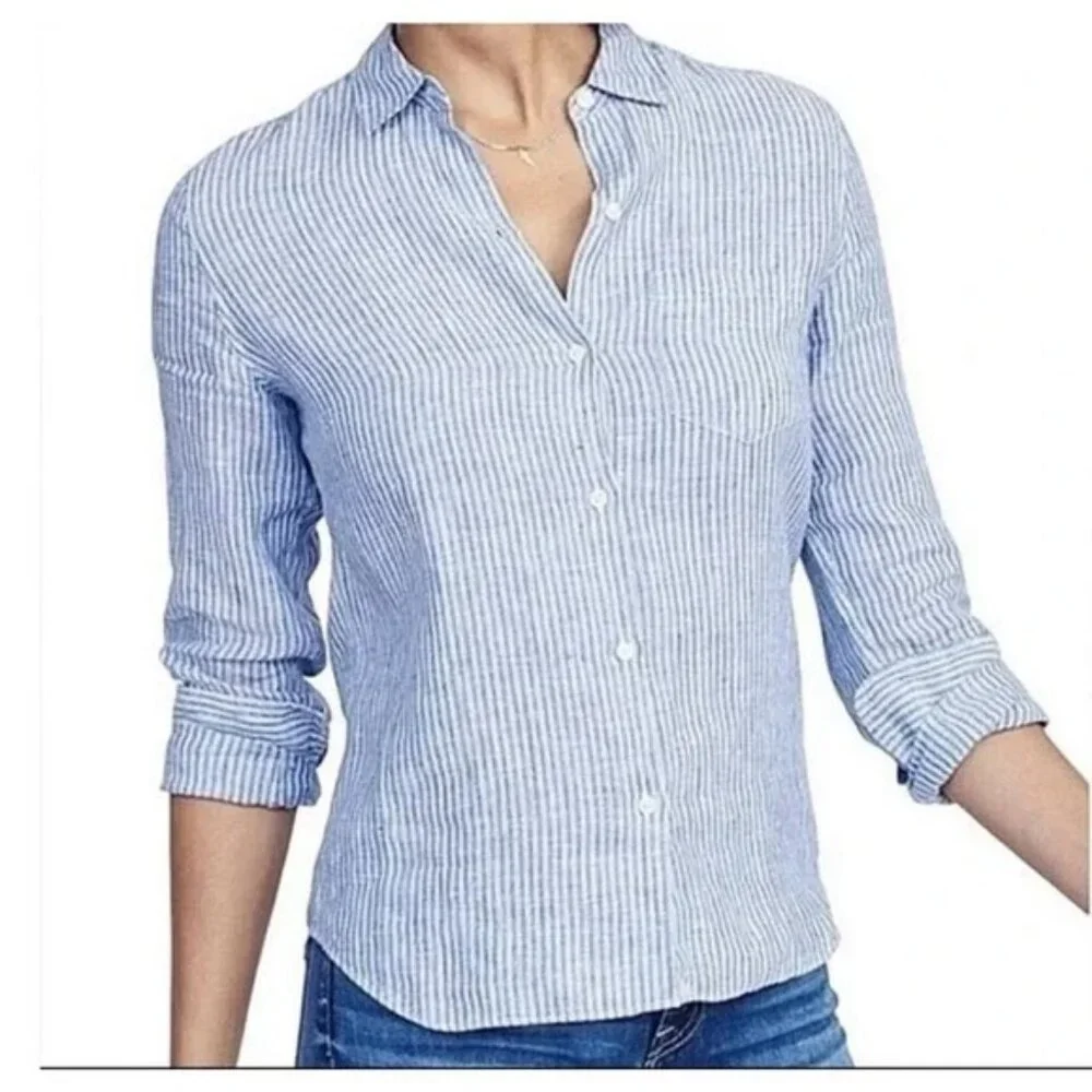 UNTUCKit Sherry Linen LS Shirt Womens Size 4 Light Turquoise Blue & White Stripe - Picture 3 of 15